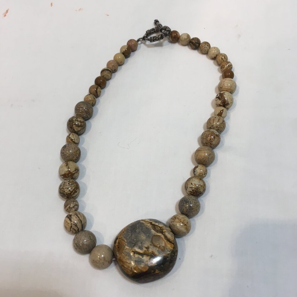 Natural polished stone strand necklace 15" slip ring latch